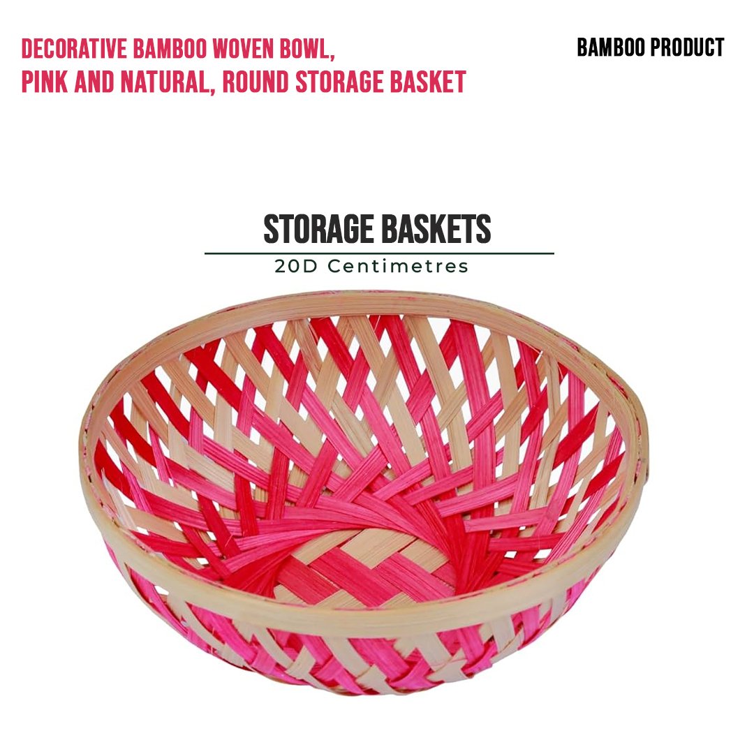 Decorative Bamboo Woven Bowl, Pink and Natural, Round Storage Basket