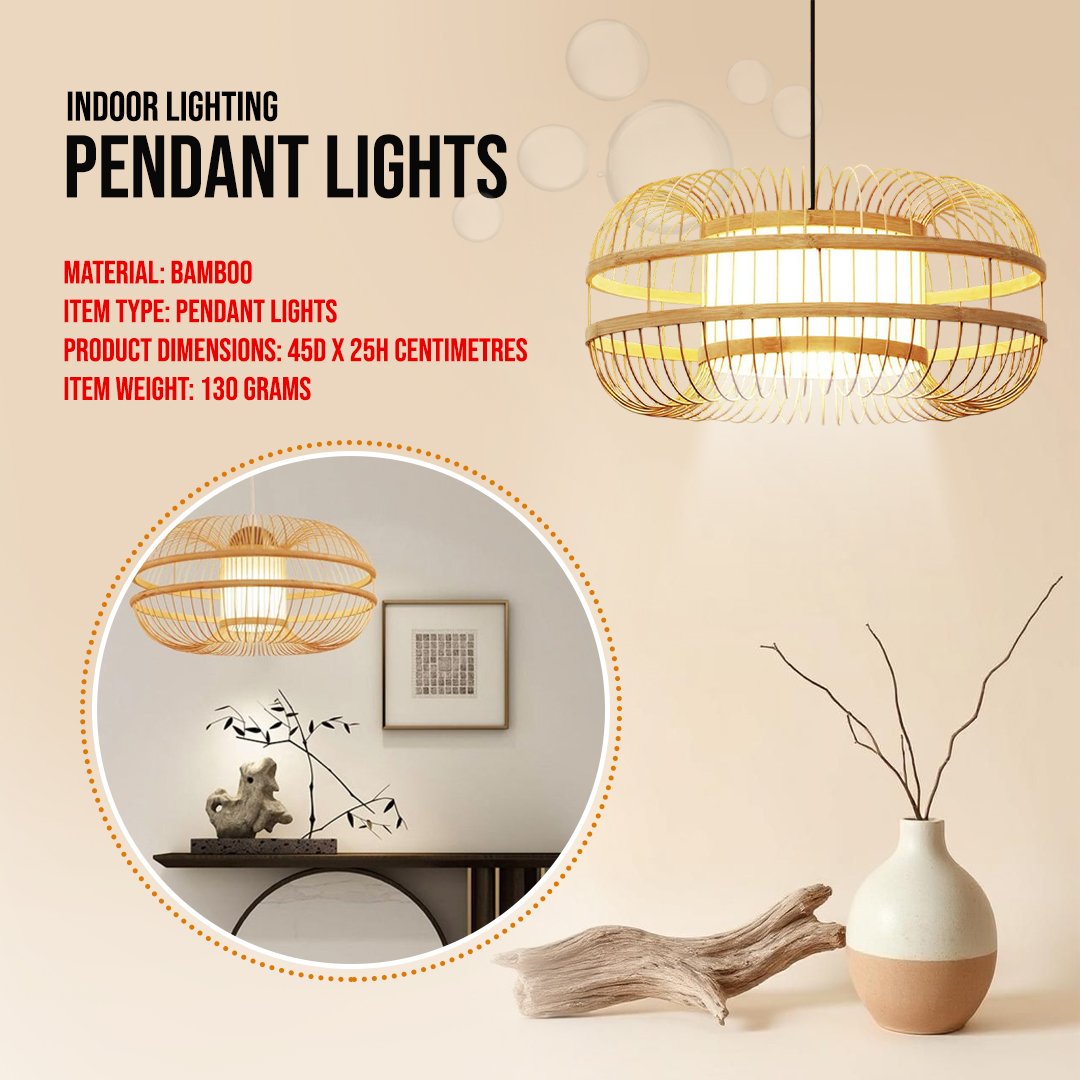 Hanging Cane Light Fixture, Diameter 40 cm x Height 25 cm, Beige