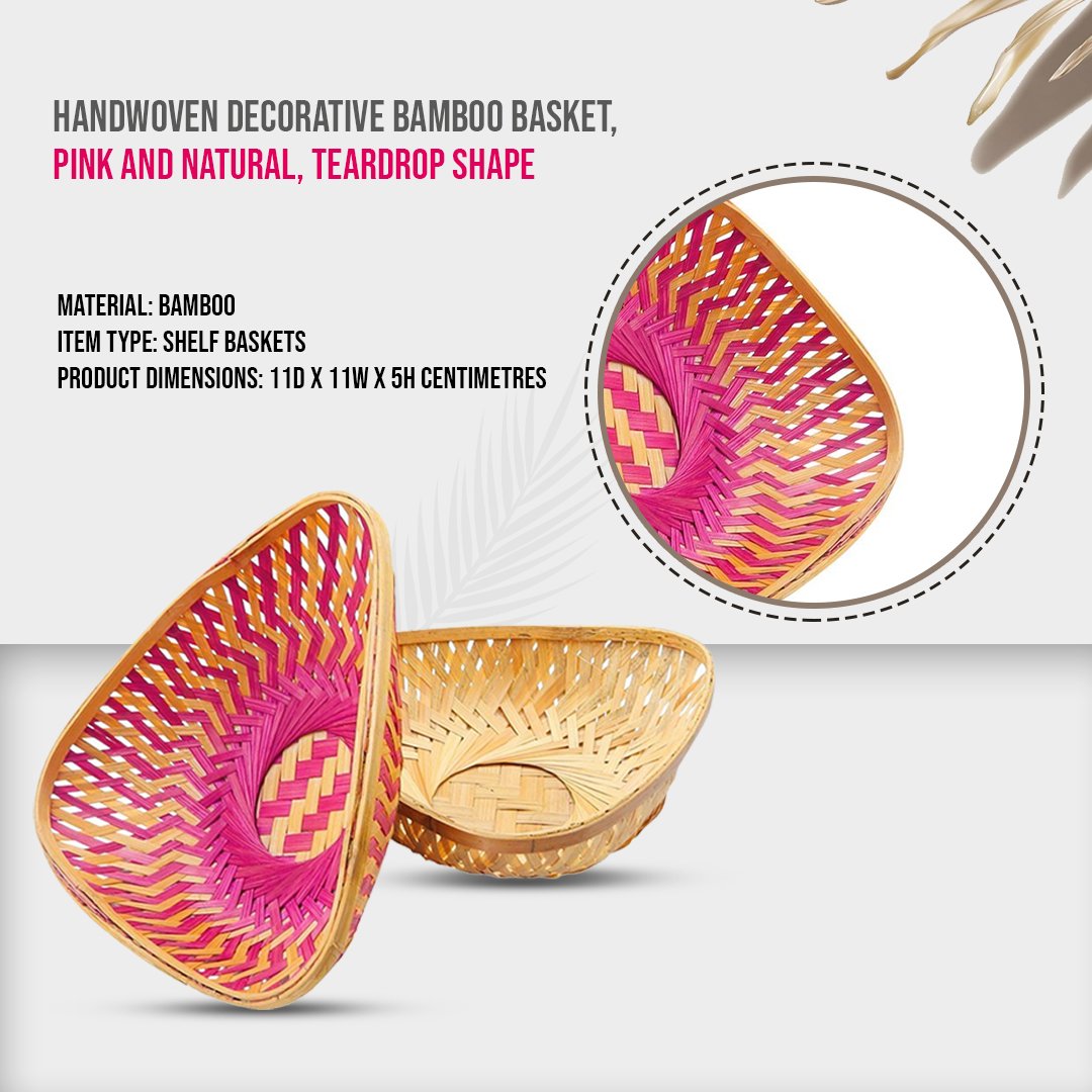 Handwoven Decorative Bamboo Basket, Pink and Natural, Teardrop Shape