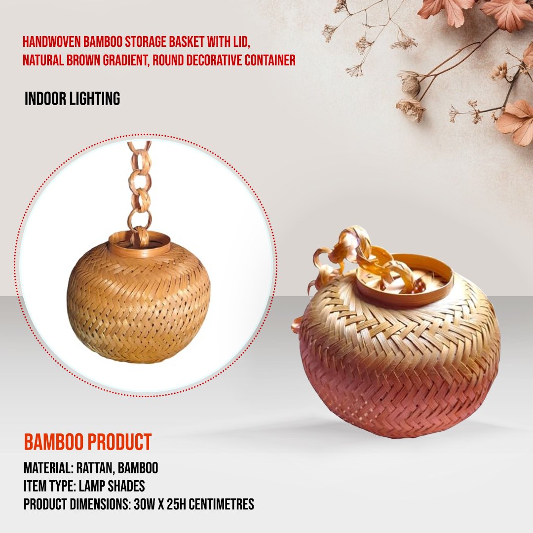 Handwoven Bamboo Storage Basket with Lid, Natural Brown Gradient, Round Decorative Container