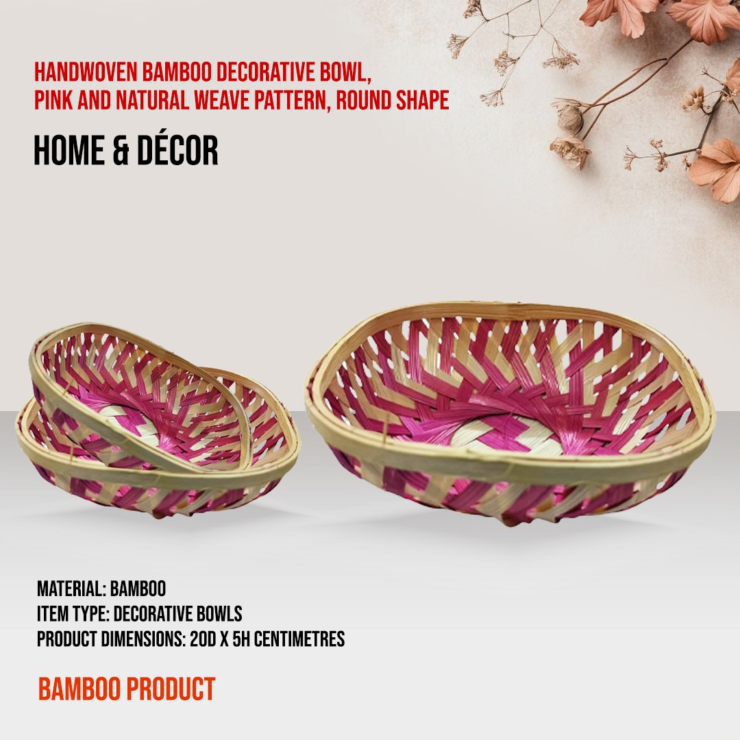 Handwoven Bamboo Decorative Bowl, Pink and Natural Weave Pattern, Round Shape
