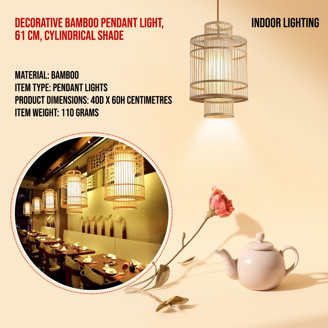 Decorative Bamboo Pendant Light, 61 cm, Cylindrical Shade